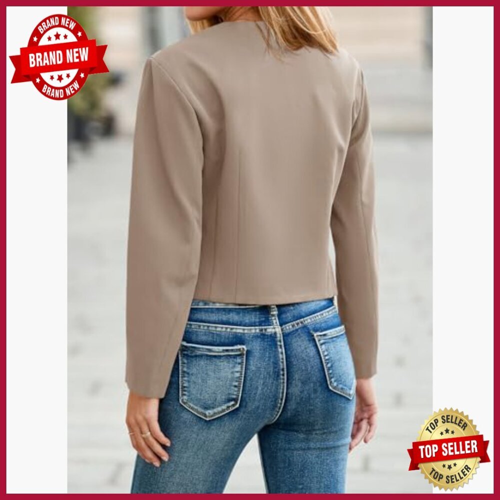 Cropped Blazer Balloon Sleeves Slim Fit Polyester Blend Business Casual - Picture 3 of 7